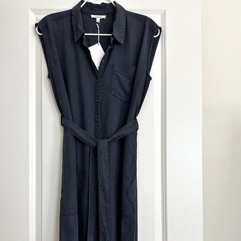 NWT SPLENDID Navy Sleeveless Linen Blend Tie Waist Shirt Dress Size S